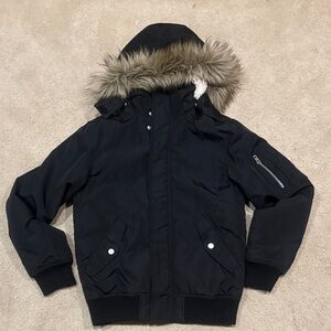 H&M Kids Dark Puffer Bomber Jacket with Faux Fur Hood